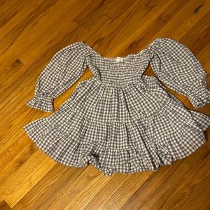 Blue and white checked off the shoulder dress